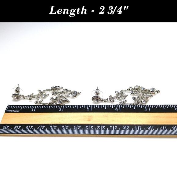 Dangle Earrings Clear Rhinestones Silver Tone, 2 3/4 Inch, Formal Wedding Posts - Picture 6 of 8